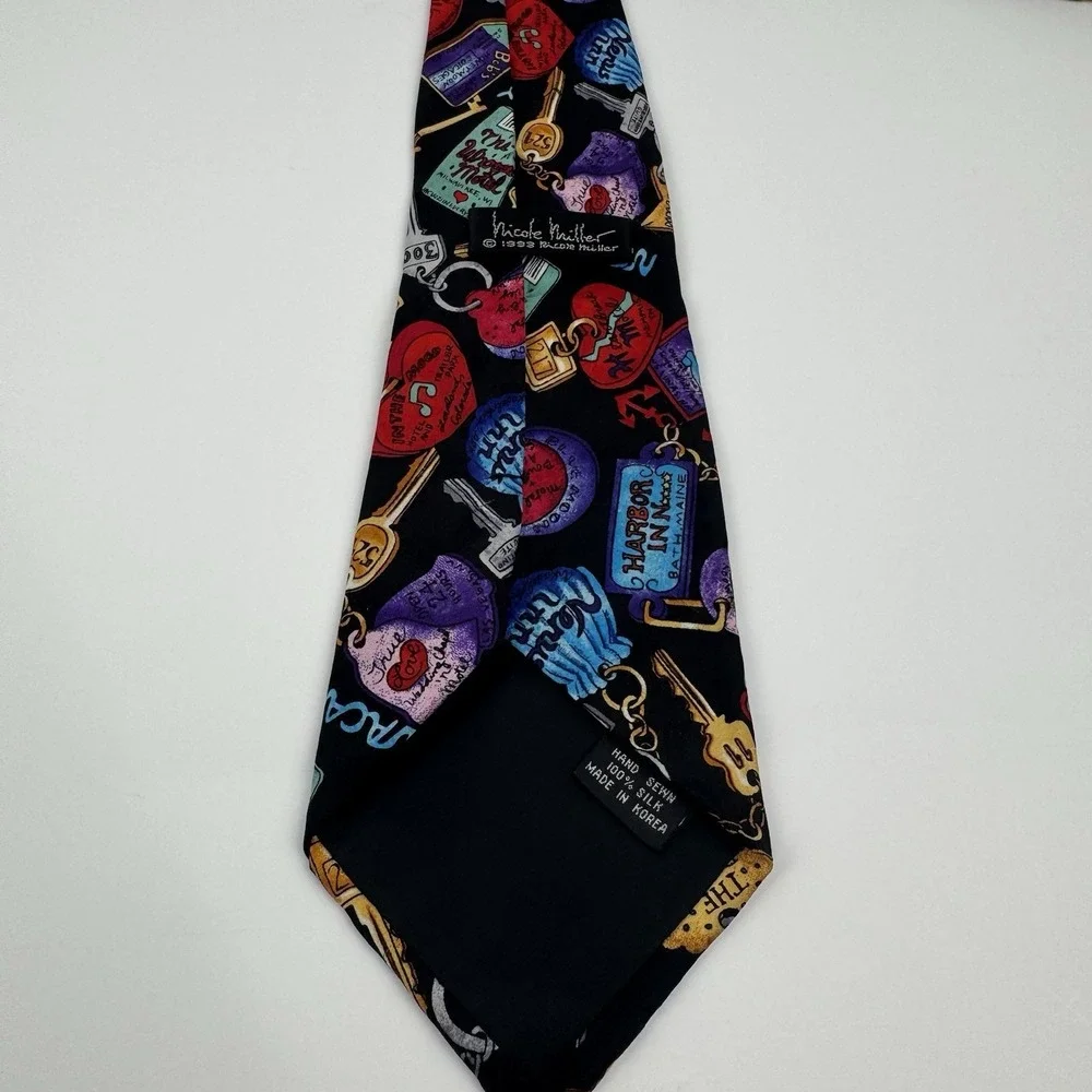 VTG Nicole Miller Motel Key Print Silk Necktie Novelty Tie Black 1993
